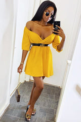 Mustard Plunge Crepe Belted Dress - Baily