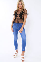 Black Mesh Embroidered Top - Charlie