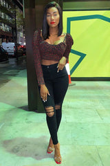 Black Red Floral Print Puff Sleeve Milkmaid Crop Top - Caddie