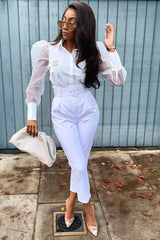 White Button Front Sheer Long Sleeve Shirt - Fay