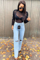 Mid Wash Denim Distressed Knee Extra Long Jeans - Ivelisse