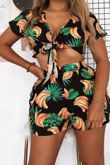 Black Tropical Print Crop Top and Shorts Co-ord - Olivia