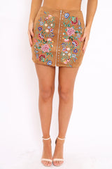Brown Zip Front Floral Embroidered Skirt - Charline