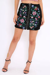 Black Zip Front Floral Embroidered Skirt - Charline