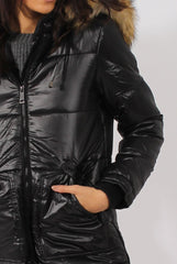 Long Black Quilted Coat with Faux Fur Hood Trim - Charlotte