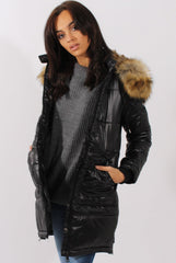 Long Black Quilted Coat with Faux Fur Hood Trim - Charlotte