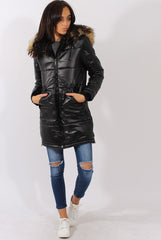 Long Black Quilted Coat with Faux Fur Hood Trim - Charlotte