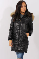 Long Black Quilted Coat with Faux Fur Hood Trim - Charlotte