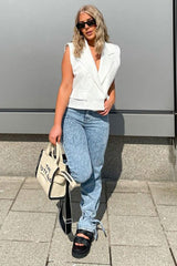 White Sleeveless Blazer Top - Frankiee