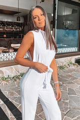 White High Neck Belted Wide Leg Jumpsuit - Phoebie