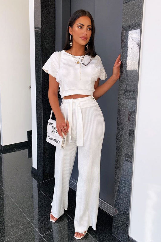 White Wide Leg Ribbed Crop Top Loungewear Co-ord - Cesilia