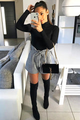 Black White Houndstooth Paper Bag Waist Shorts - Rhyla