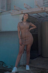Mustard Check Plunge Zip Mini Dress - Arelys