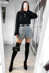 Black White Houndstooth Paper Bag Waist Shorts - Rhyla