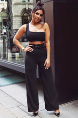 Black Tailored Wide Leg Belted Trousers - Chenelle