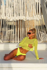 Yellow Fish Net Long Sleeved Crop Top - Ivory