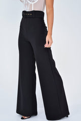 Black Tailored Wide Leg Belted Trousers - Chenelle