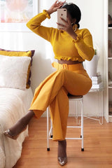 Mustard Tailored Wide Leg Belted Trousers - Chenelle