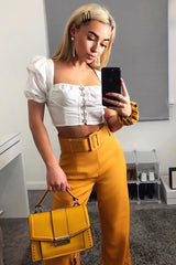 Mustard Tailored Wide Leg Belted Trousers - Chenelle