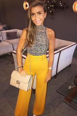 Mustard Tailored Wide Leg Belted Trousers - Chenelle