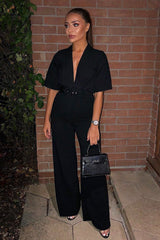 Black Tailored Wide Leg Belted Trousers - Chenelle