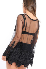 Black Embroidered Sheer Mesh Top - Cher