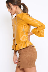 Mustard Faux Leather Frill Hem Jacket - Cherrie