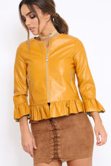 Mustard Faux Leather Frill Hem Jacket - Cherrie