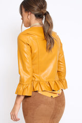 Mustard Faux Leather Frill Hem Jacket - Cherrie