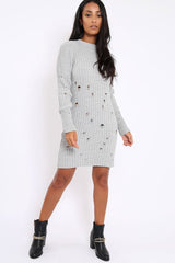 Grey Knit Distressed Jumper Dress - Cheryl