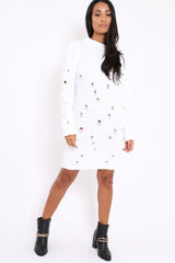 White Knit Distressed Jumper Dress - Cheryl