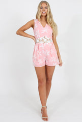 Pink Floral Low Cut Playsuit - Chesca