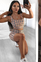 Pink Check Zip Front Bralet Belted Skirt Co-Ord - Cherise