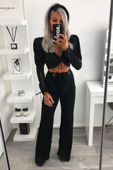 Black Lace Up Front and Sleeves Milkmaid Crop Top - Zyria