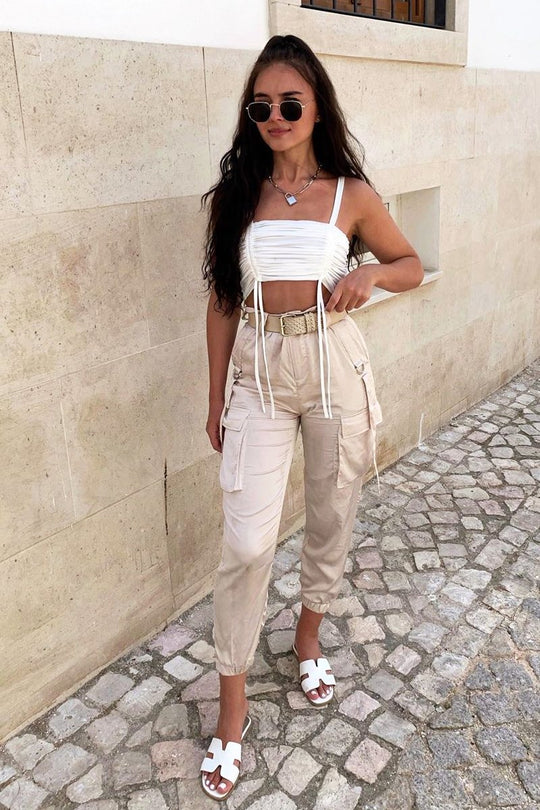 White Slinky Ruched Detail Crop Top - Bellah