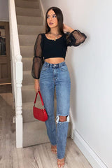 Blue Mid Wash Ripped Knee Straight Leg Jeans - Brilynn