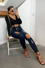 Dark Blue Distressed Leg Mom Fit Jeans - Calina