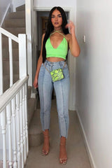 Neon Green Satin Lace Up Plunge Triangle Bralet - Tabby