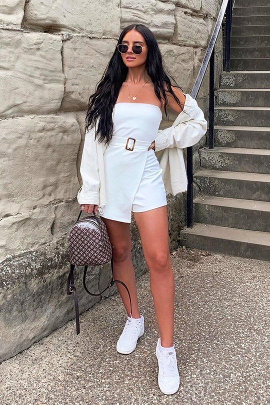 White Bandeau Belted Playsuit - Malie