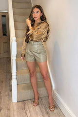 Stone Faux Leather Buckle Belt Shorts - Tamra