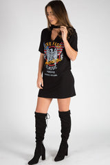Black Live Fast Choker Neck T-shirt Dress - Chloe