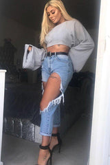 Grey Striped Cropped Batwing Jumper with V neck -Karri