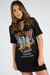Black Live Fast Choker Neck T-shirt Dress - Chloe