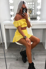 Yellow Broderie Lace Bardot Crop Top Skirt Co-Ord - Dahlia