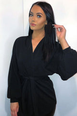 Black Plunge Belted Blouse - Goldie