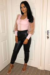 Pink Polka Sleeve Eyelet Fastening Square Neck Top - Aayla