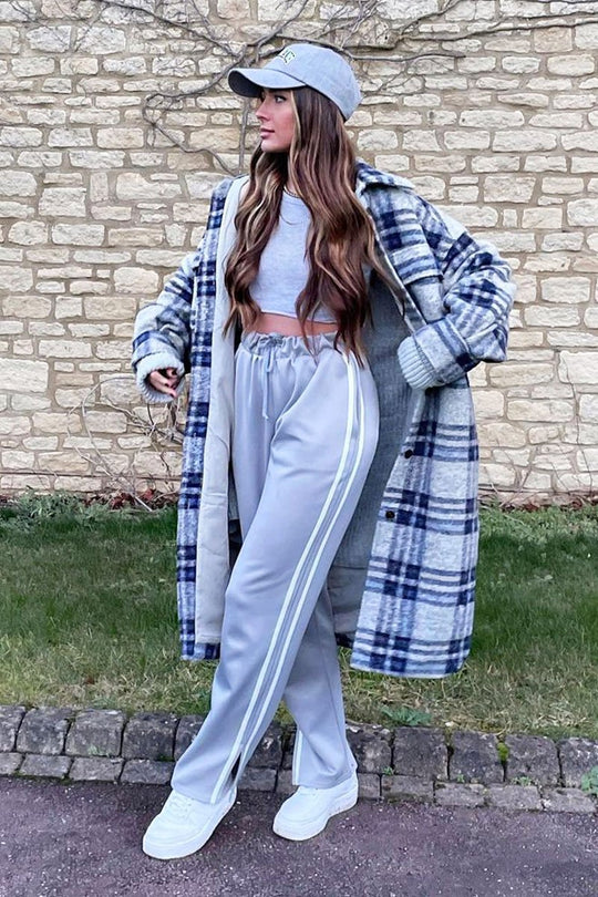 Grey Side Stripe Split Hem Wide Leg Joggers - Karris