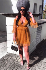 Mustard Plunge Tulle Ruffle Cross Back Dress - Aerial