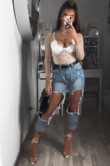 White Dobby Mesh Low Cut Bodysuit - Tamara