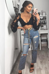 Light Wash Fray Hem Distressed Boyfriend Jeans - Kaiah